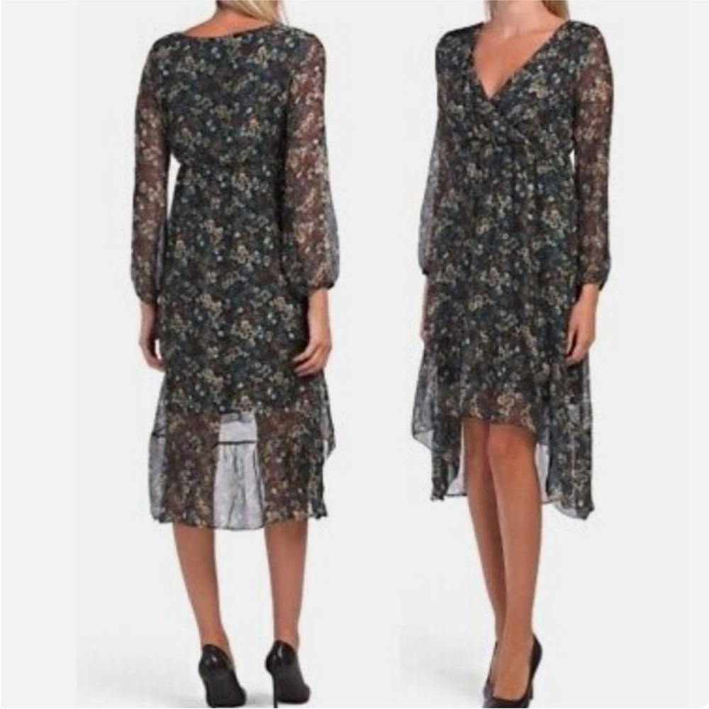Elena Baldi Petrol Silk Blend Floral Hi-Lo Long Sleeve Dress